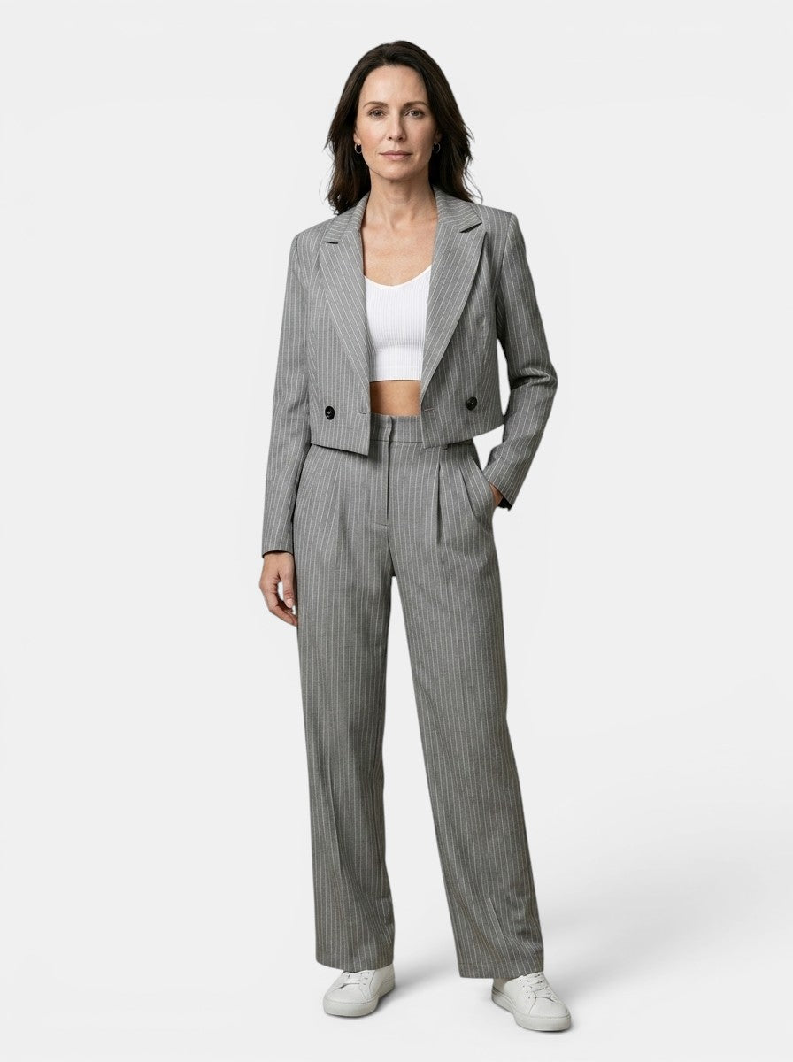 Women's Pinstripe Suit | Cropped Tailored Blazer & Wide-Leg Trousers