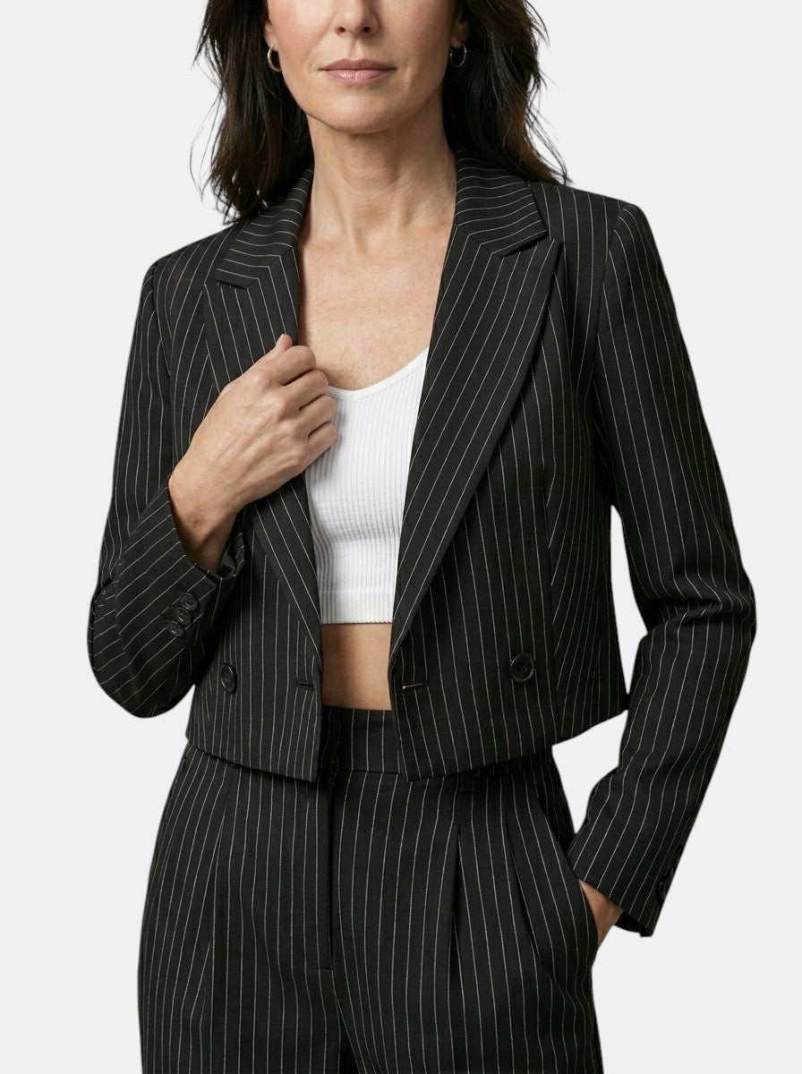 Women's Pinstripe Suit | Cropped Tailored Blazer & Wide-Leg Trousers