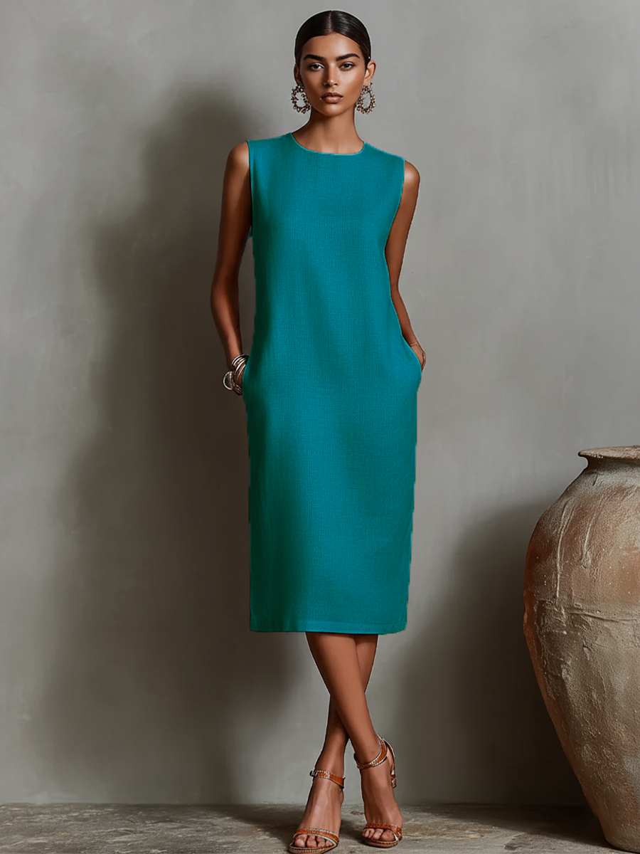 Women's Sheath Dress | Sleeveless Round-Neck Midi Dress with Pockets